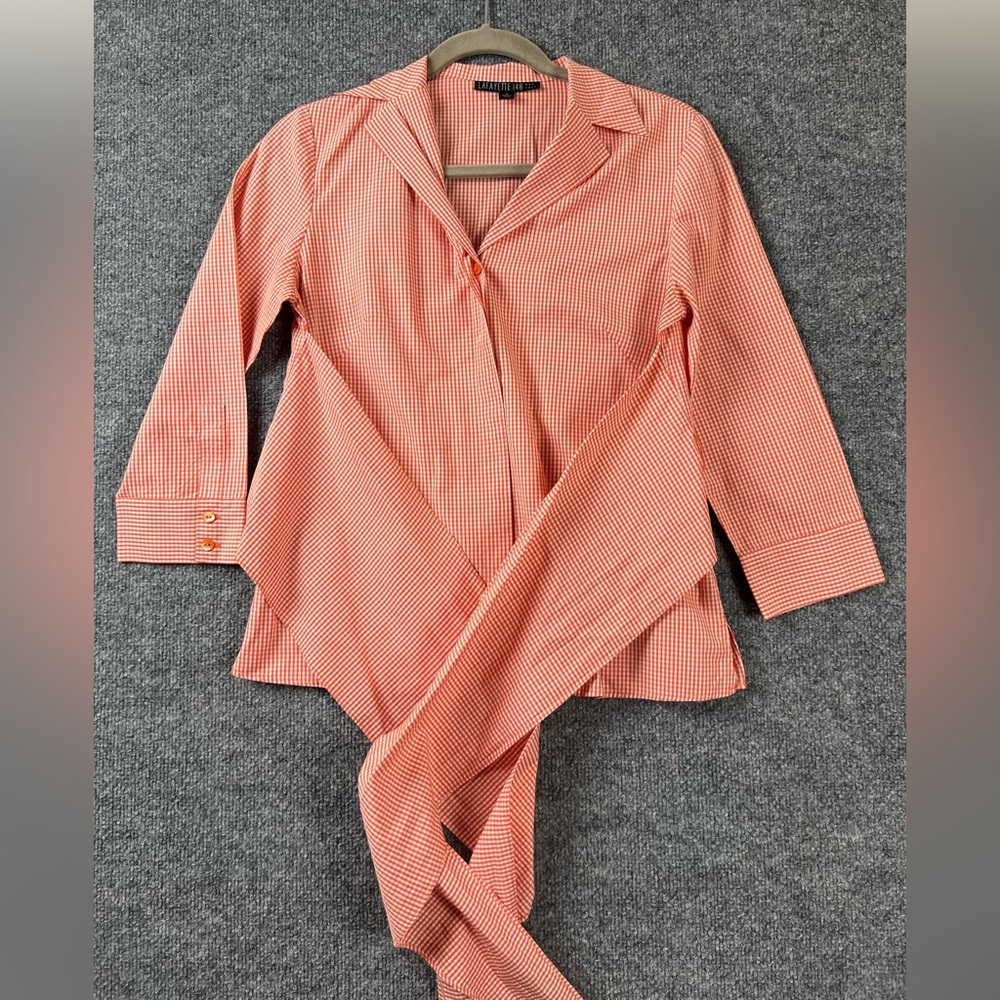 Lafayette 148 Blouse Women 4 Orange Gingham Wrap‎ 3/4 Sleeve Summer Old Money